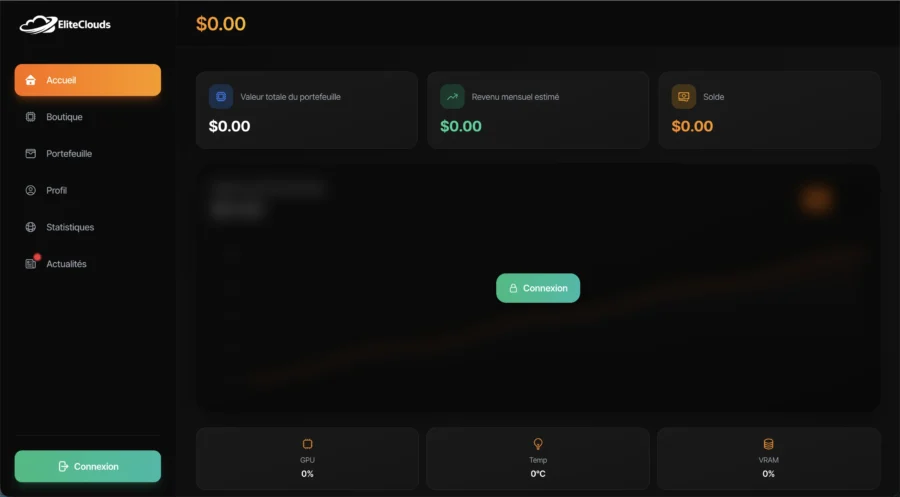 Interface utilisateur sombre d'une plateforme de trading frauduleuse indiquant un solde de 0,00 dollar et un logo déformé.