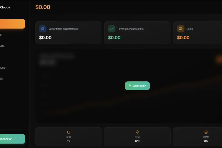 Interface utilisateur sombre d'une plateforme de trading frauduleuse indiquant un solde de 0,00 dollar et un logo déformé.