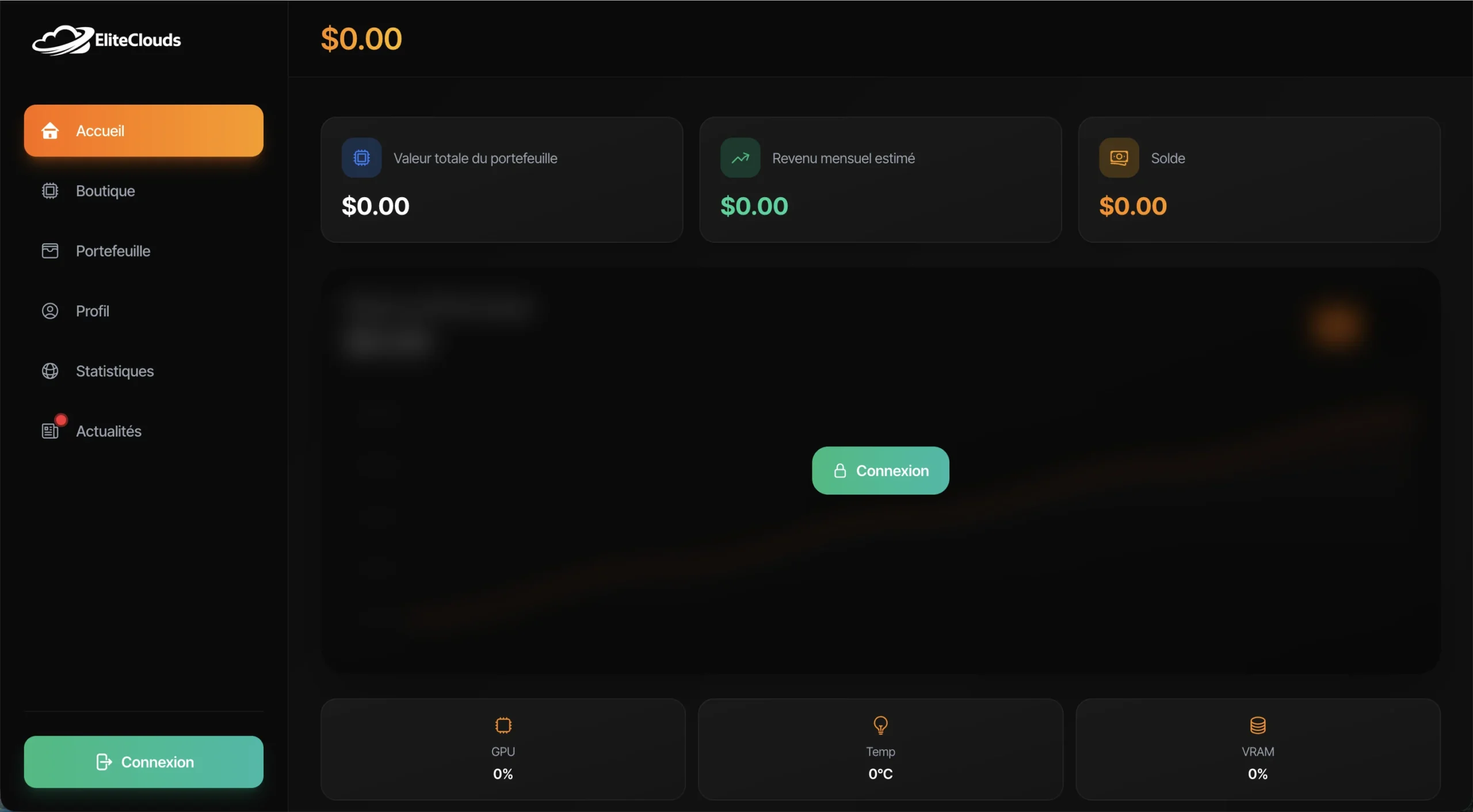 Interface utilisateur sombre d'une plateforme de trading frauduleuse indiquant un solde de 0,00 dollar et un logo déformé.
