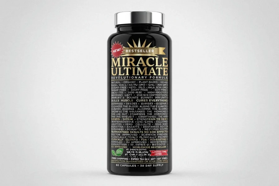 Bouteille noire de Miracle Ultimate avec un bouchon argenté et une étiquette affichant des détails du produit.