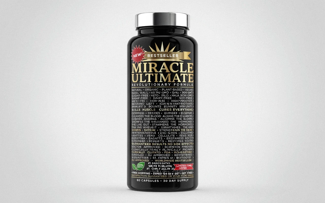 Bouteille noire de Miracle Ultimate avec un bouchon argenté et une étiquette affichant des détails du produit.