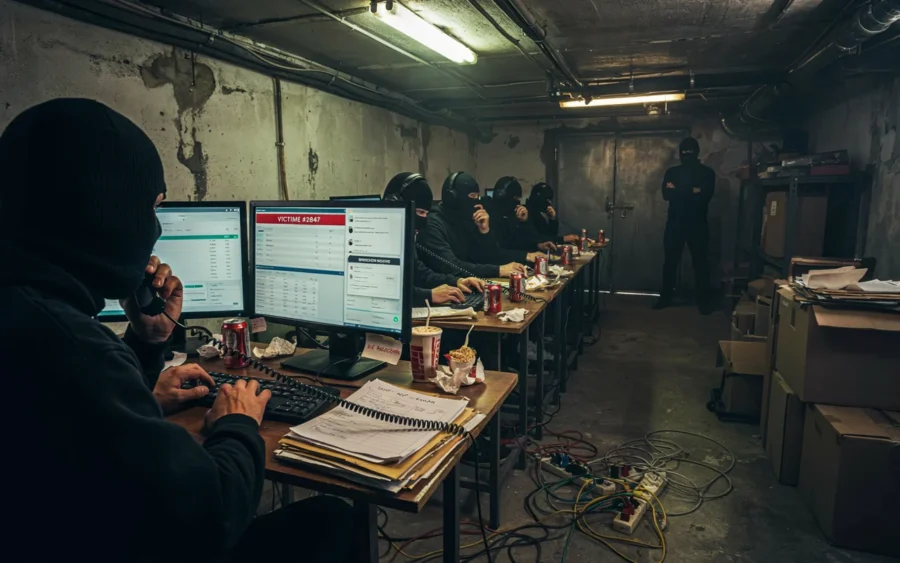 Scène présumée d'un centre d'appel illégal où des individus masqués travaillent sur des ordinateurs dans un environnement dégradé.
