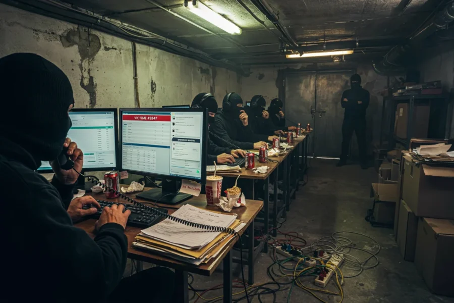 Scène présumée d'un centre d'appel illégal où des individus masqués travaillent sur des ordinateurs dans un environnement dégradé.