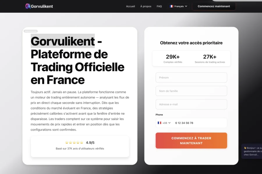 Capture d'une page d'accueil pour Gorvulikent présentant un formulaire d'inscription prioritaire et des statistiques deutilisateurs.