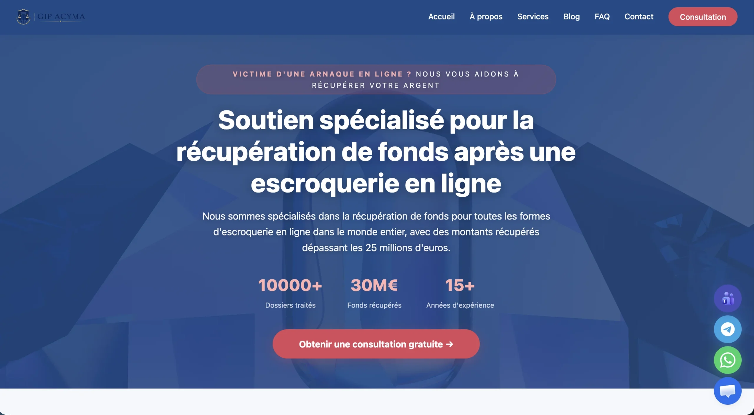 Page d'accueil d'un service d'aide à la récupération de fonds après escroquerie en ligne, avec des chiffres clés et un bouton de contact visible.