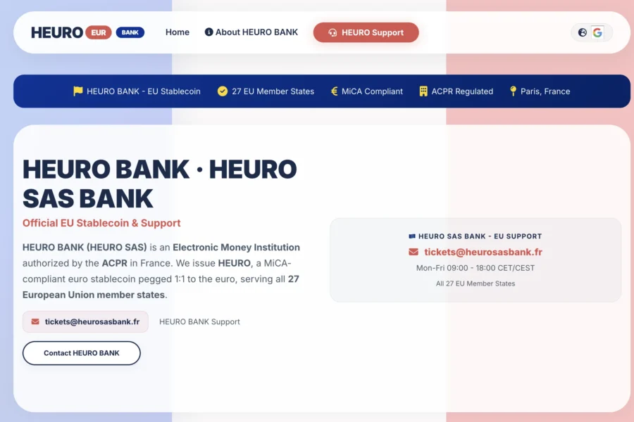 Interface web présentant la plateforme HEURO SAS BANK avec ses détails de contact et mentions légales en Europe.