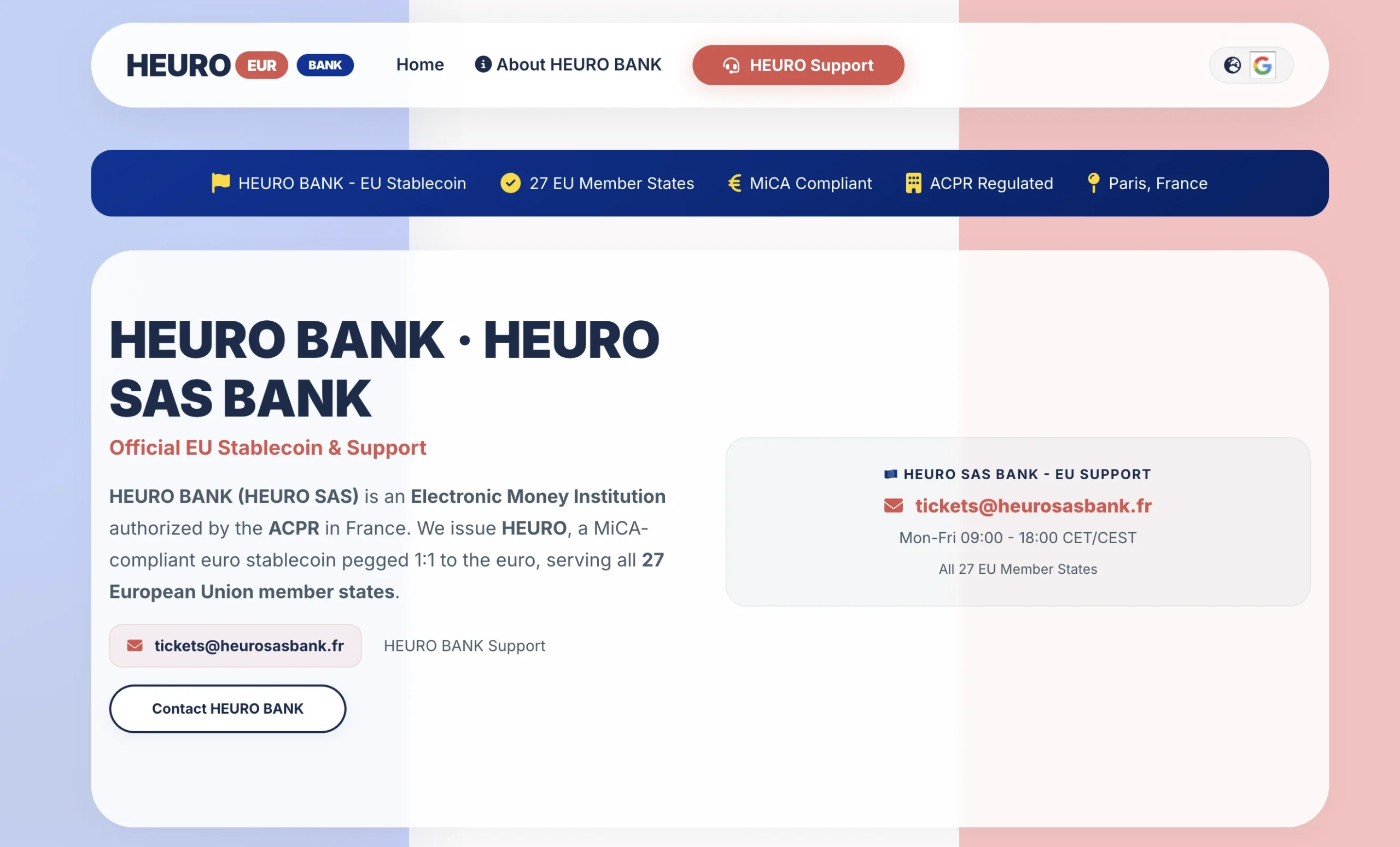 Interface web présentant la plateforme HEURO SAS BANK avec ses détails de contact et mentions légales en Europe.
