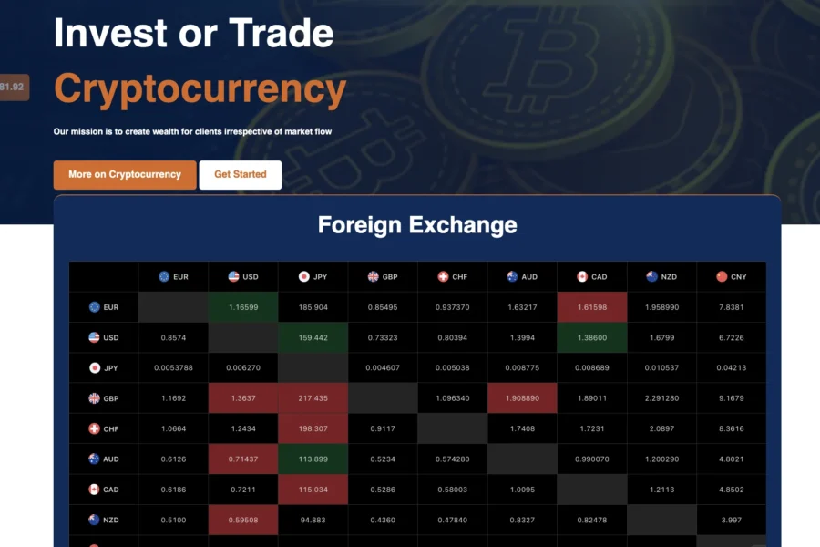 Capture d'écran du site Kayline Finance promouvant le trading de crypto et affichant un tableau de taux de change