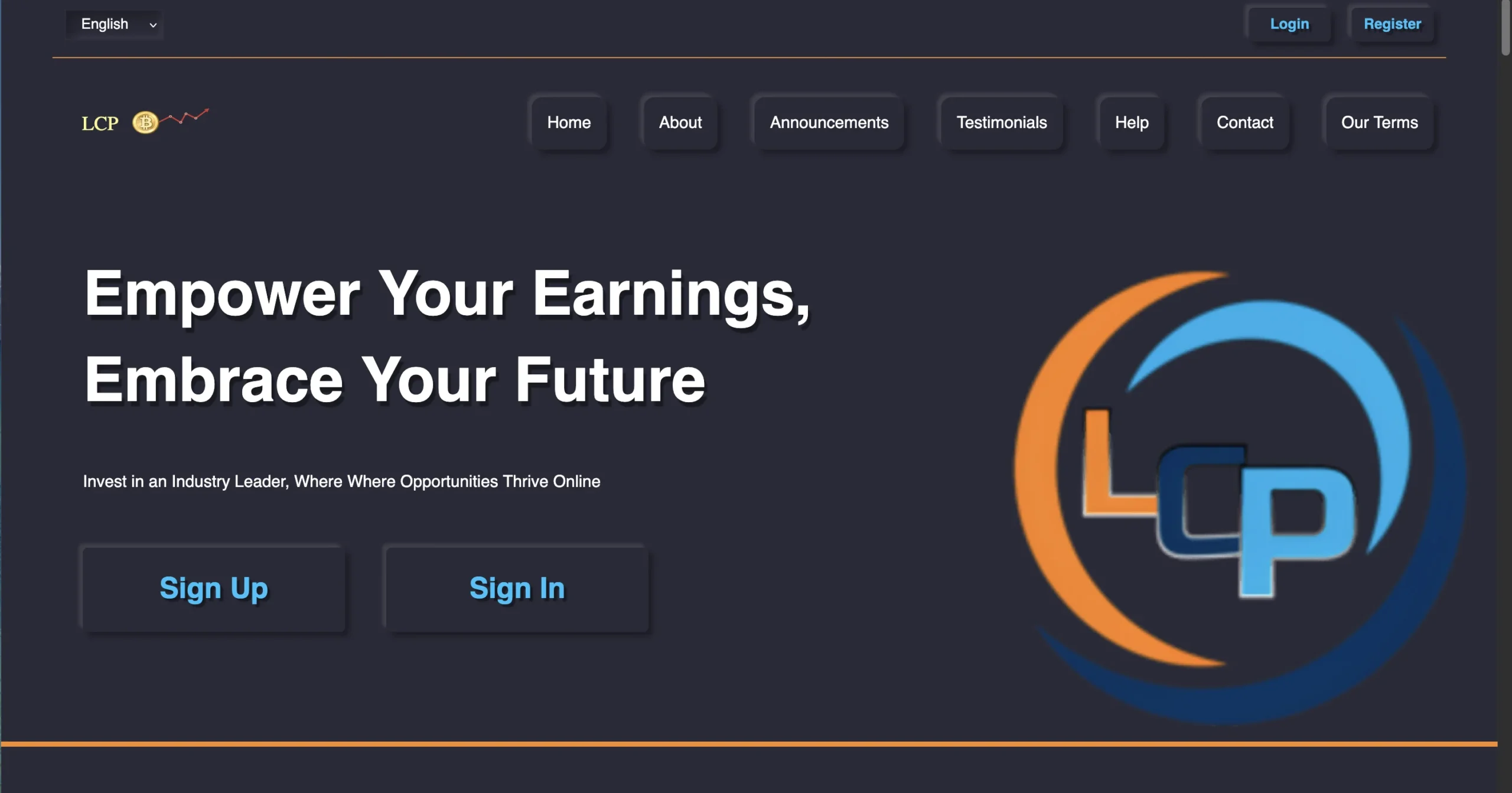 Interface web de LCP proposant de s'inscrire ou de se connecter pour optimiser ses gains.