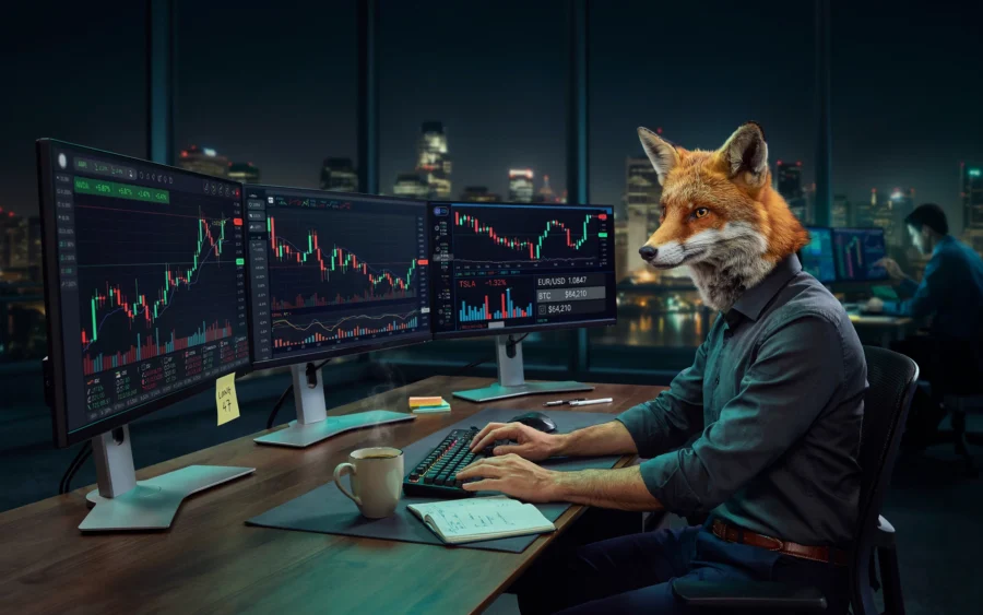 Un individu portant un masque de renard analyse des graphiques financiers sur plusieurs moniteurs dans un bureau nocturne.