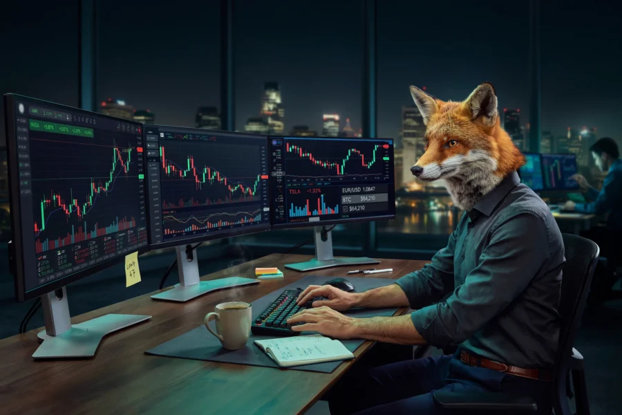 Un individu portant un masque de renard analyse des graphiques financiers sur plusieurs moniteurs dans un bureau nocturne.