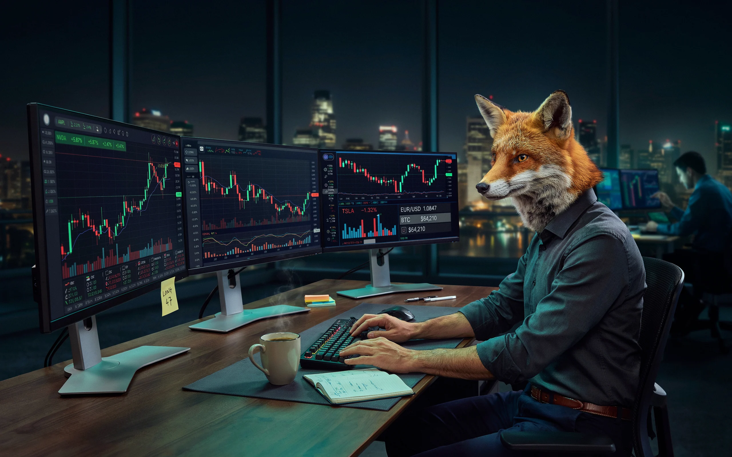 Un individu portant un masque de renard analyse des graphiques financiers sur plusieurs moniteurs dans un bureau nocturne.