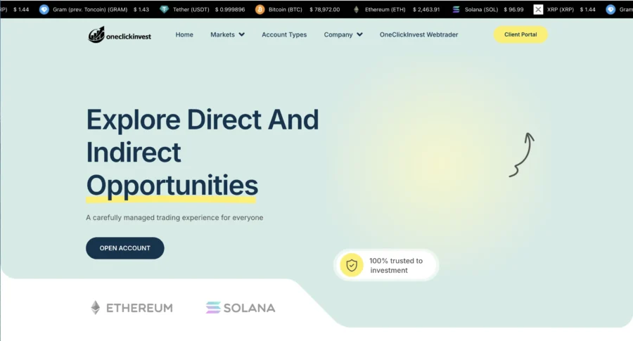 Interface du site financier OneChronoi affichant un message sur les opportunités directes et indirectes ainsi que des logos Ethereum et Solana.