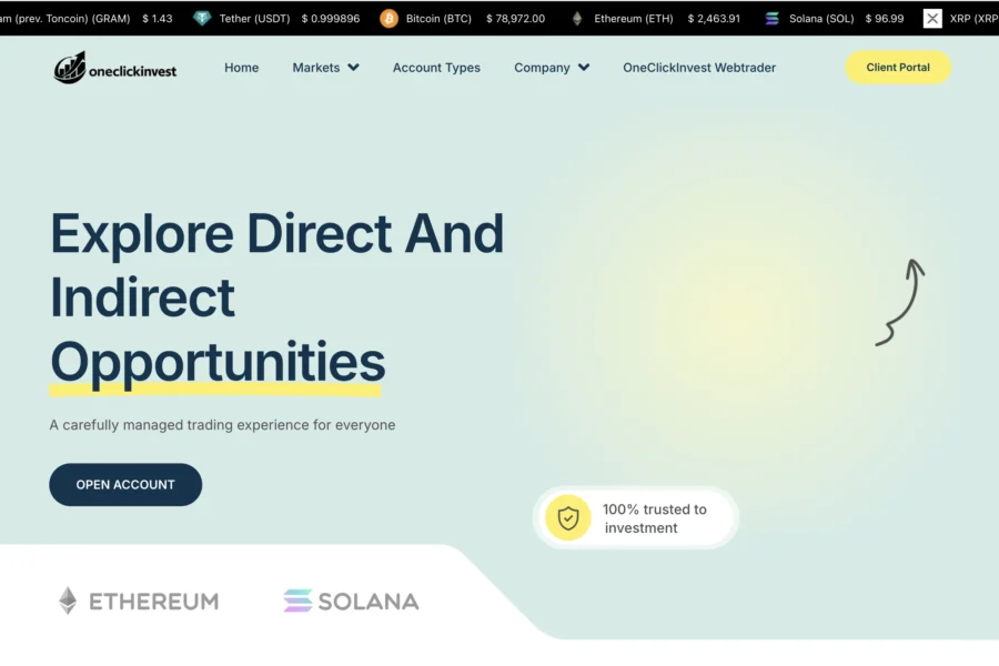 Interface du site financier OneChronoi affichant un message sur les opportunités directes et indirectes ainsi que des logos Ethereum et Solana.