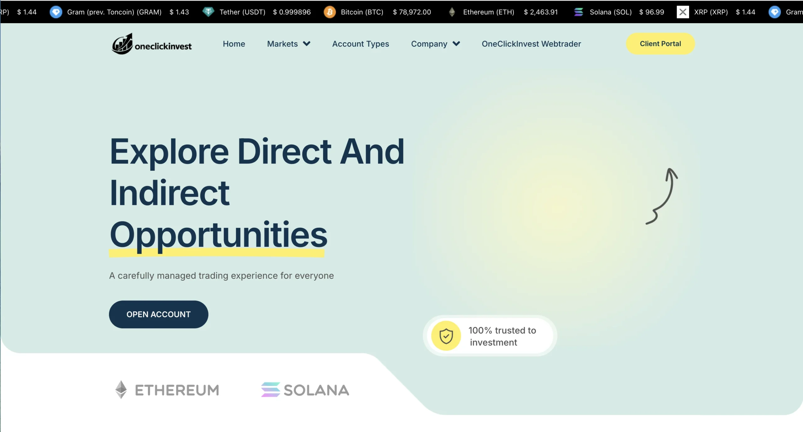 Interface du site financier OneChronoi affichant un message sur les opportunités directes et indirectes ainsi que des logos Ethereum et Solana.