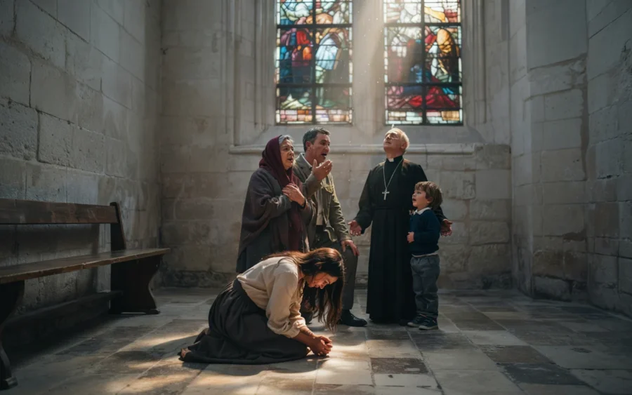 Une personne est agenouillée sur le sol d'une église alors qu'un groupe la regarde.