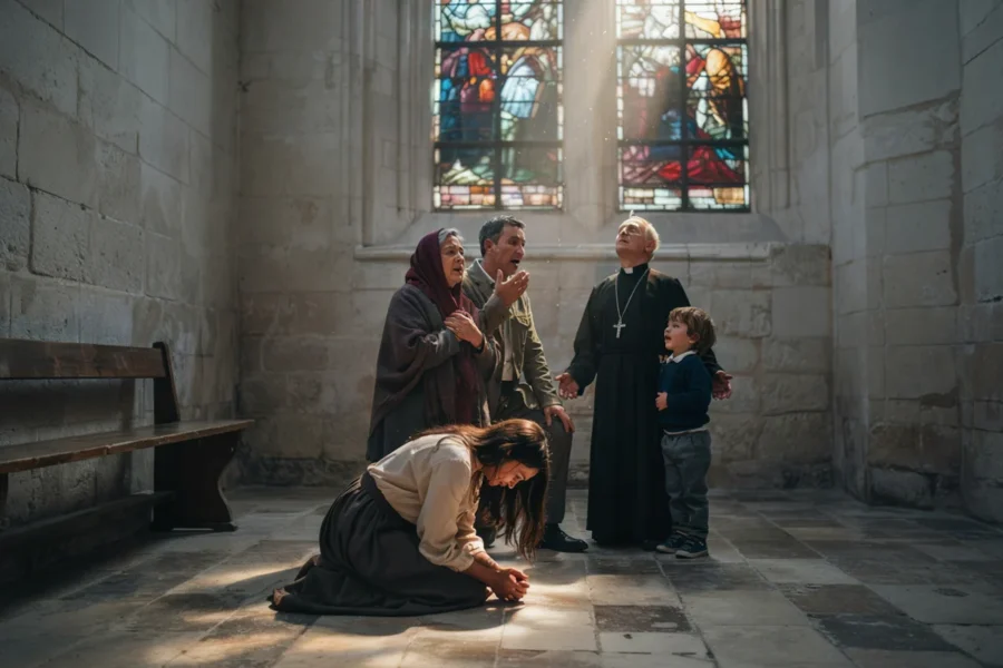 Une personne est agenouillée sur le sol d'une église alors qu'un groupe la regarde.
