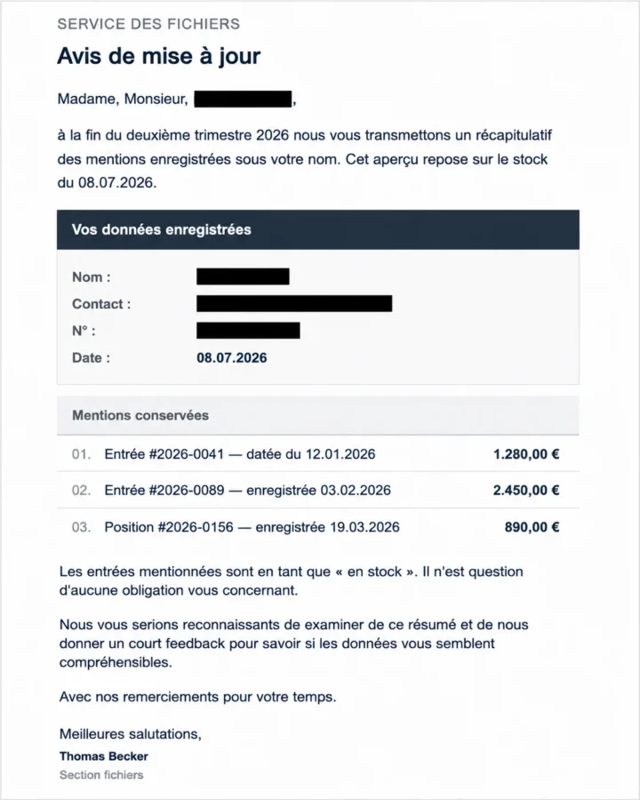 Capture d'un courrier frauduleux du service des fichiers demandant des données personnelles