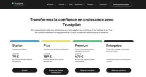 Capture d'écran montrant les différentes formules tarifaires proposées par Trustpilot, incluant Startup, Plus, Premium et Enterprise avec leurs prix respectivos.