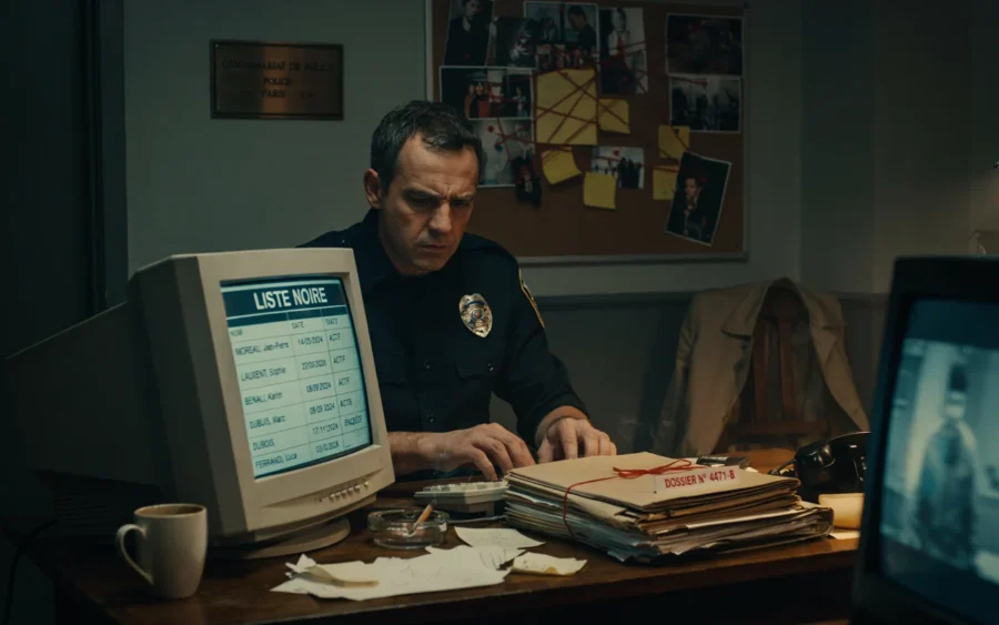 Un homme en uniforme de police est assis à son bureau avec un écran d'ordinateur ancien et des dossiers administratifs.