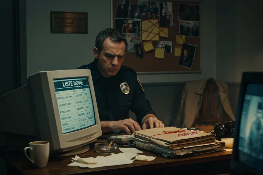 Un homme en uniforme de police est assis à son bureau avec un écran d'ordinateur ancien et des dossiers administratifs.