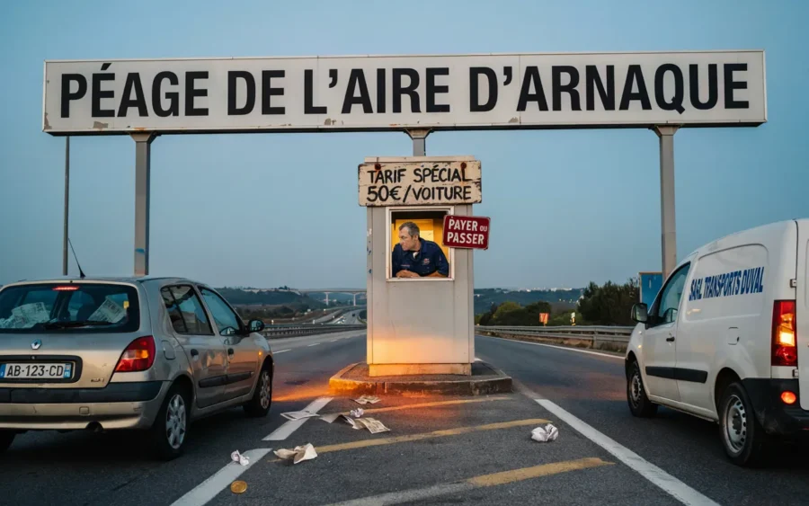 Un panneau humoristique simulé intitulé “Péage de l’Air d’Arnaque” avec un tarif spécial de 50€ par voiture, illustrant une arnaque financière. Des véhicules sont visibles à proximité du pupitre fictif.