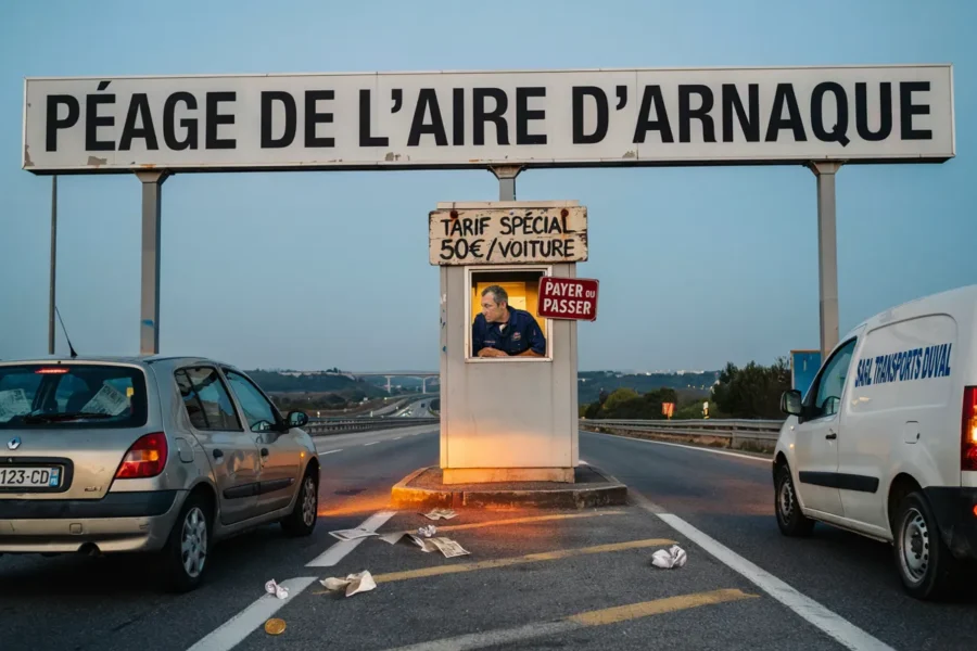 Un panneau humoristique simulé intitulé “Péage de l’Air d’Arnaque” avec un tarif spécial de 50€ par voiture, illustrant une arnaque financière. Des véhicules sont visibles à proximité du pupitre fictif.