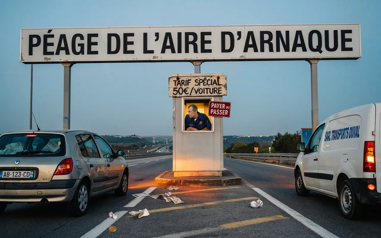 Un panneau humoristique simulé intitulé “Péage de l’Air d’Arnaque” avec un tarif spécial de 50€ par voiture, illustrant une arnaque financière. Des véhicules sont visibles à proximité du pupitre fictif.