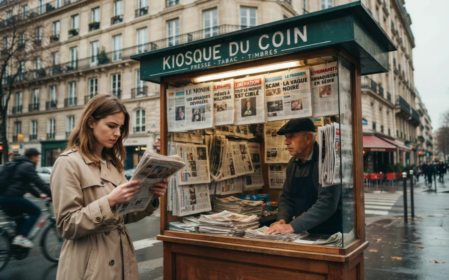 Une femme tient un journal ouvert devant un kiosque de presse parisien sous la pluie.