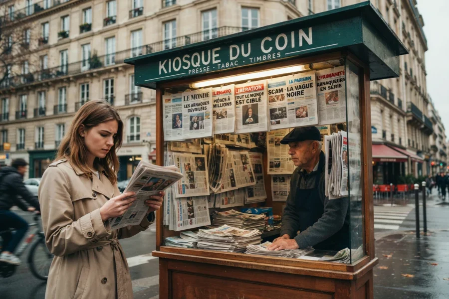 Une femme tient un journal ouvert devant un kiosque de presse parisien sous la pluie.