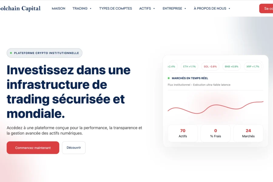 Capture d'écran de la page d'accueil du site web Solchain Capital avec texte et graphique.
