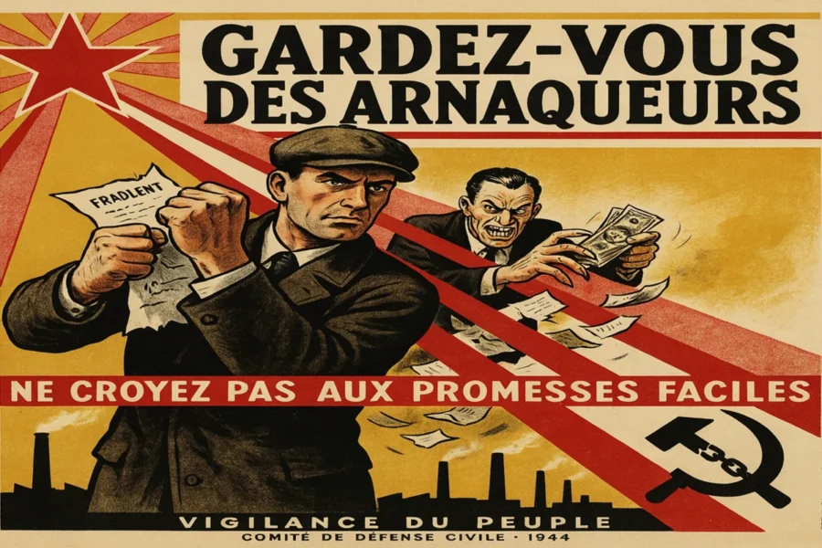 Affiche soviétique de 1944 mettant en garde contre les arnaqueurs avec un ouvrier déchirant un faux contrat.