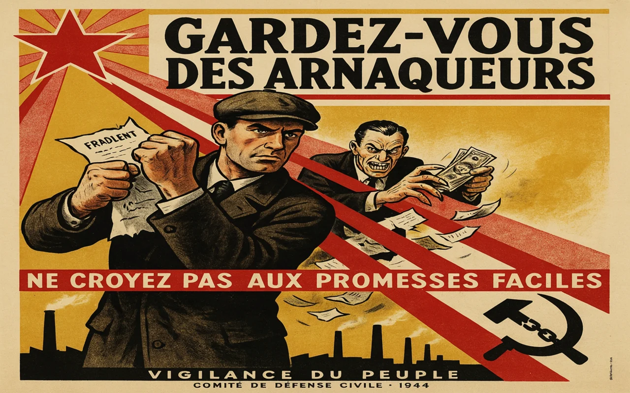 Affiche soviétique de 1944 mettant en garde contre les arnaqueurs avec un ouvrier déchirant un faux contrat.