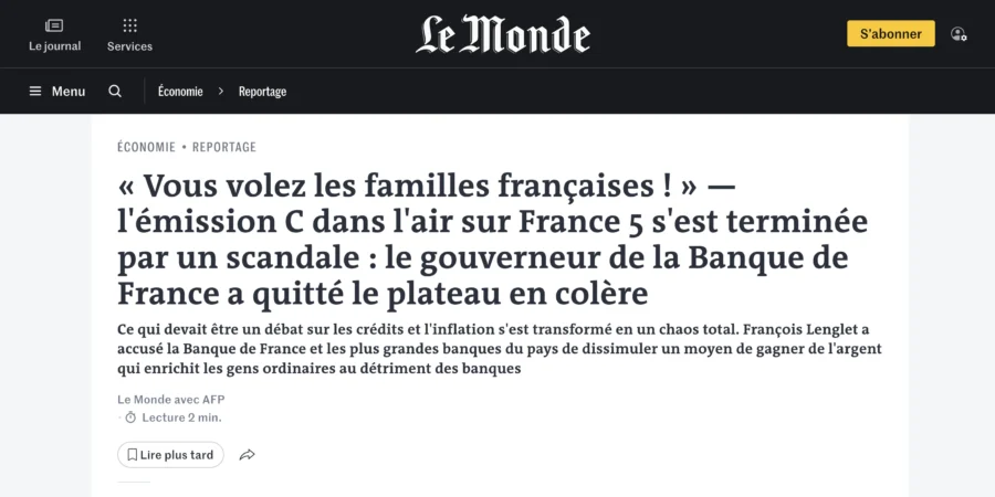 Titre d'un article de Le Monde titré Vous volez les familles françaises, évoquant le scandale à la télévision.