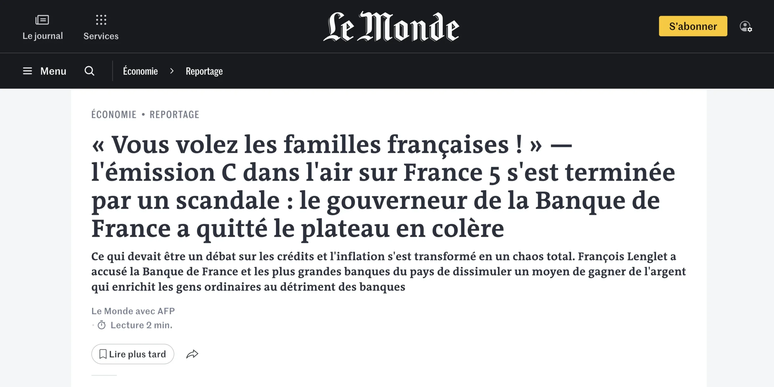 Titre d'un article de Le Monde titré Vous volez les familles françaises, évoquant le scandale à la télévision.