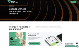 Capture d'écran du site Valorium proposant 20% de commission sur les ventes et un paiement minimal de 50 dollars.