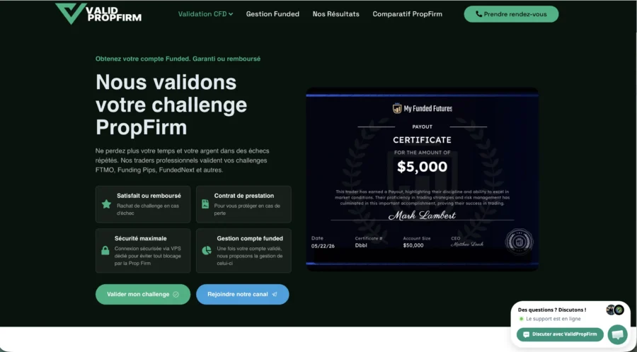 Certificat de réussite de challenge PropFirm d'une valeur de 5000 dollars