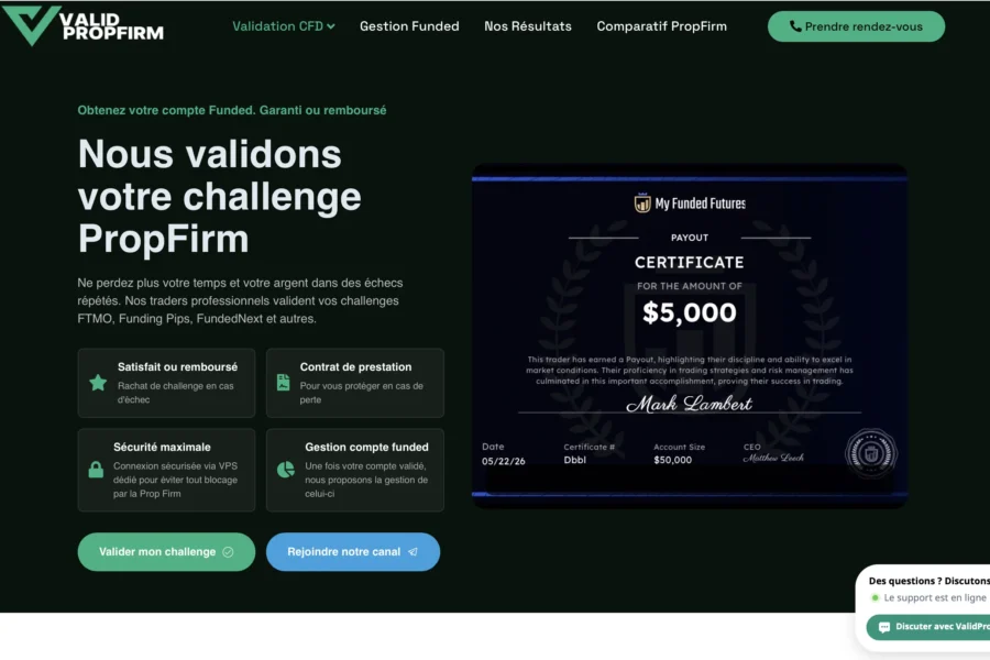 Certificat de réussite de challenge PropFirm d'une valeur de 5000 dollars