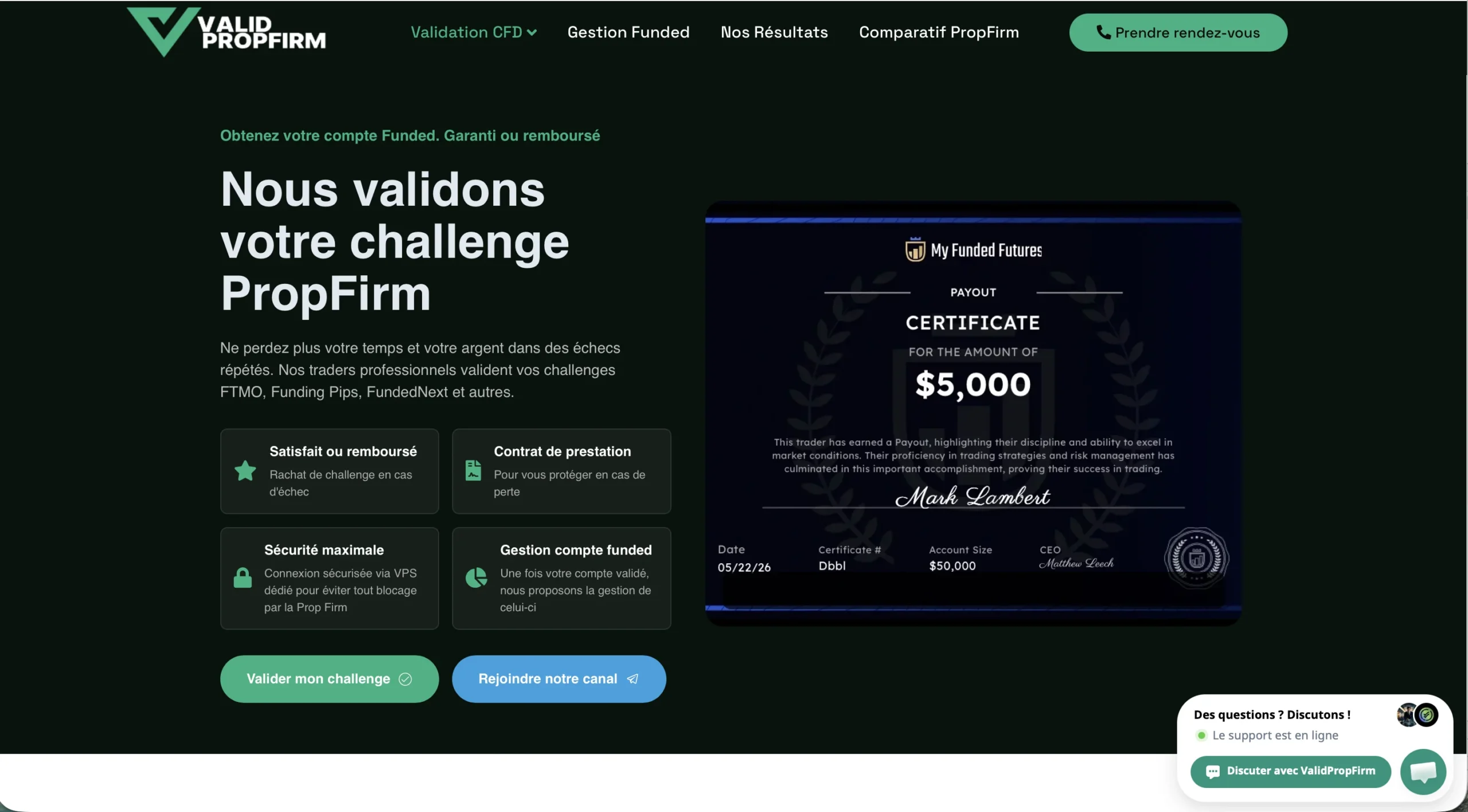 Certificat de réussite de challenge PropFirm d'une valeur de 5000 dollars