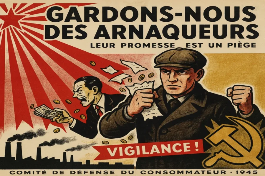 Affiche illustrée d'un ouvrier examinant sceptiquement des papiers devant un chiffre d'affaires fuyant, avec la mention Gardons-nous des arnaqueurs et l'année 1945.