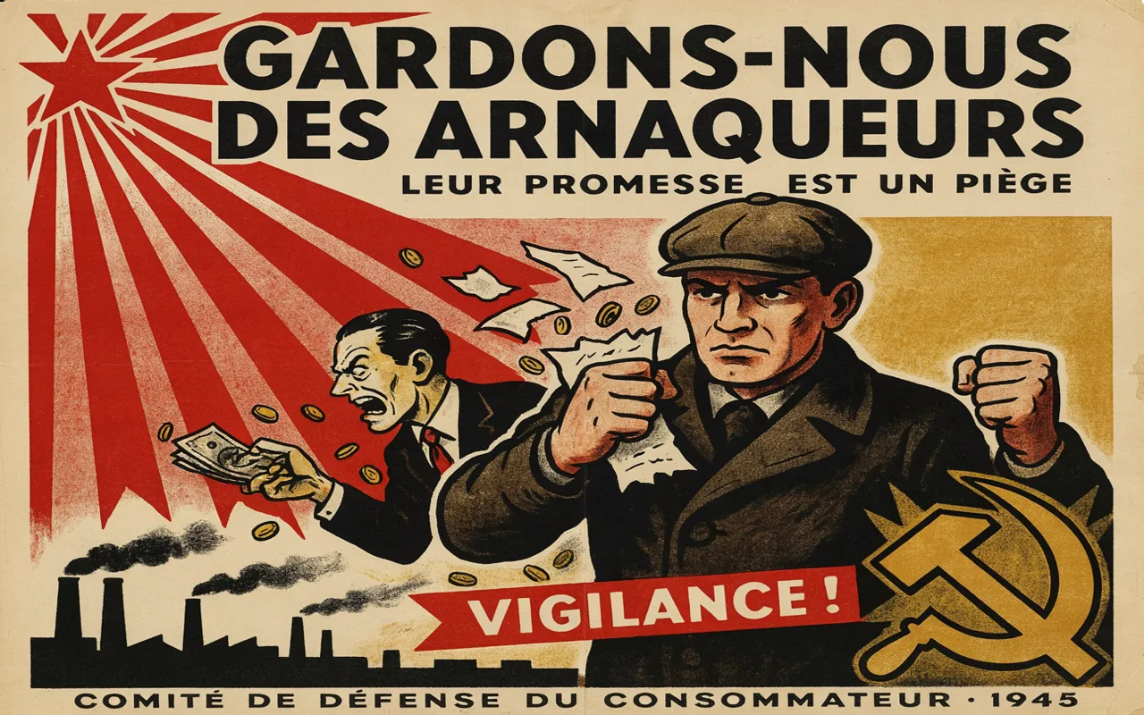 Affiche illustrée d'un ouvrier examinant sceptiquement des papiers devant un chiffre d'affaires fuyant, avec la mention Gardons-nous des arnaqueurs et l'année 1945.