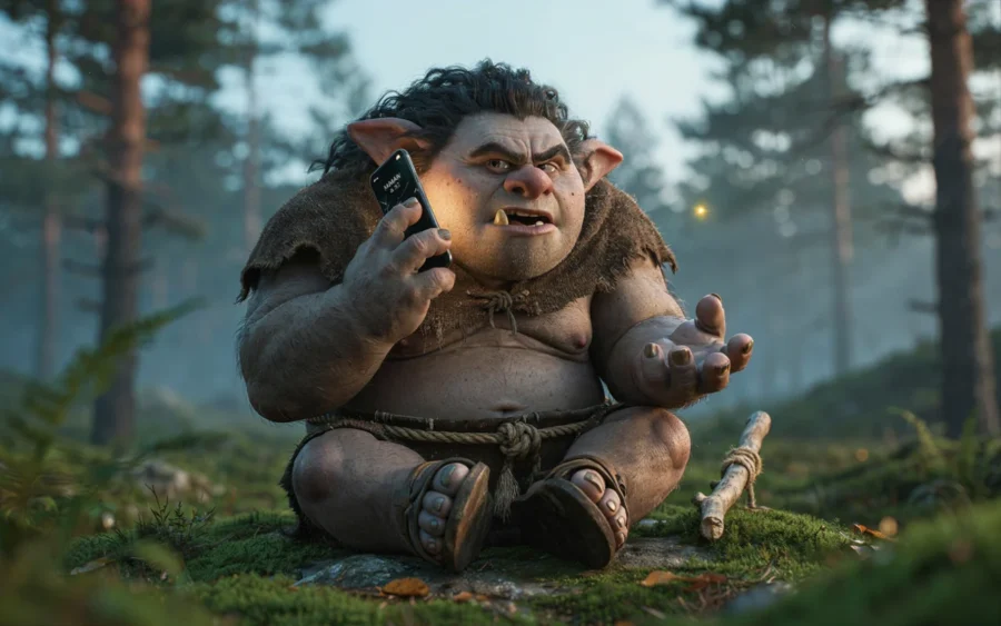 Un gnome de forêt parle au téléphone avec un air inquiet.