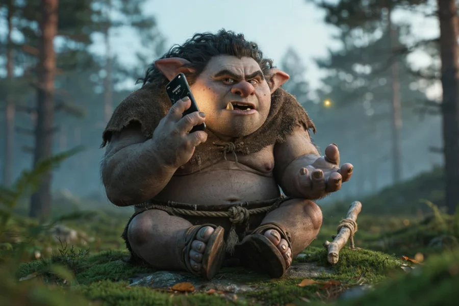 Un gnome de forêt parle au téléphone avec un air inquiet.