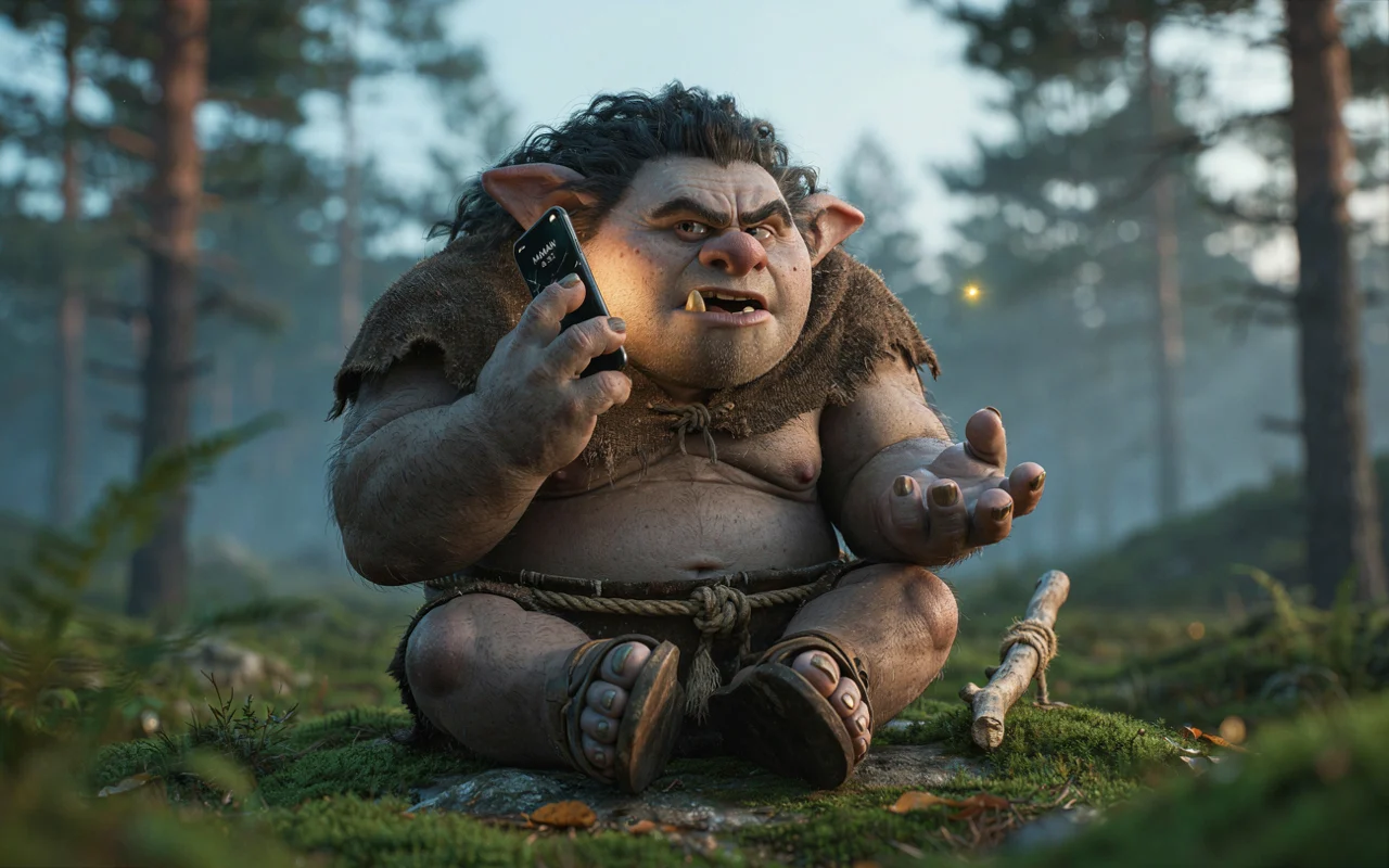 Un gnome de forêt parle au téléphone avec un air inquiet.