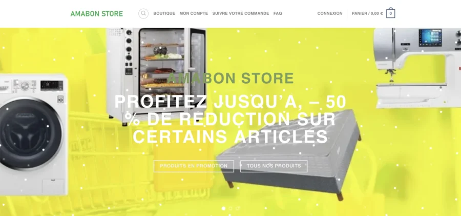 Publicité pour les produits Amazon Home Store affichant un lave-linge et un réfrigérateur avec mention de réductions.