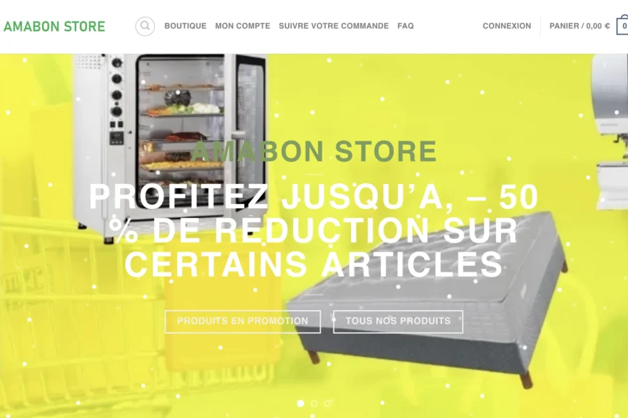 Publicité pour les produits Amazon Home Store affichant un lave-linge et un réfrigérateur avec mention de réductions.