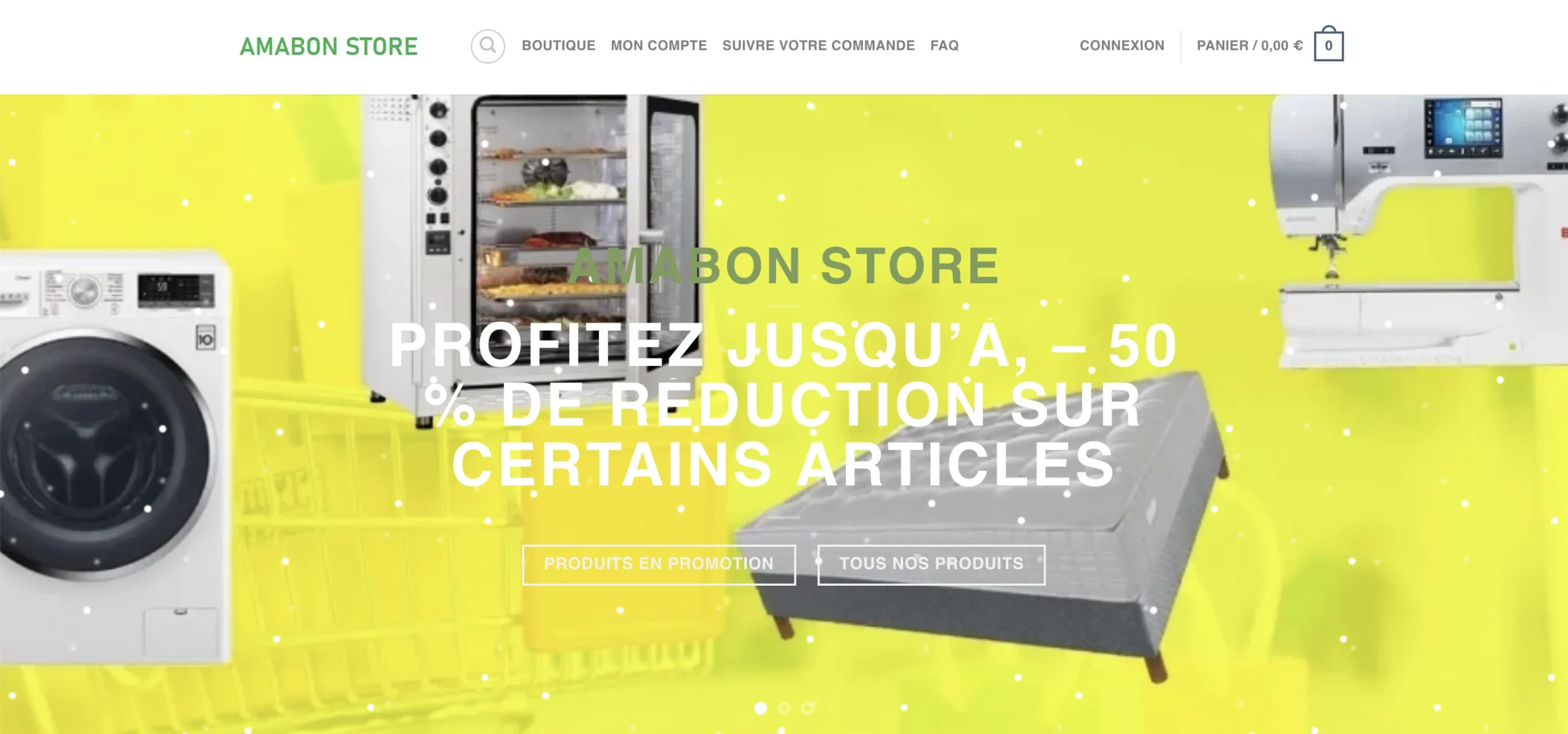 Publicité pour les produits Amazon Home Store affichant un lave-linge et un réfrigérateur avec mention de réductions.