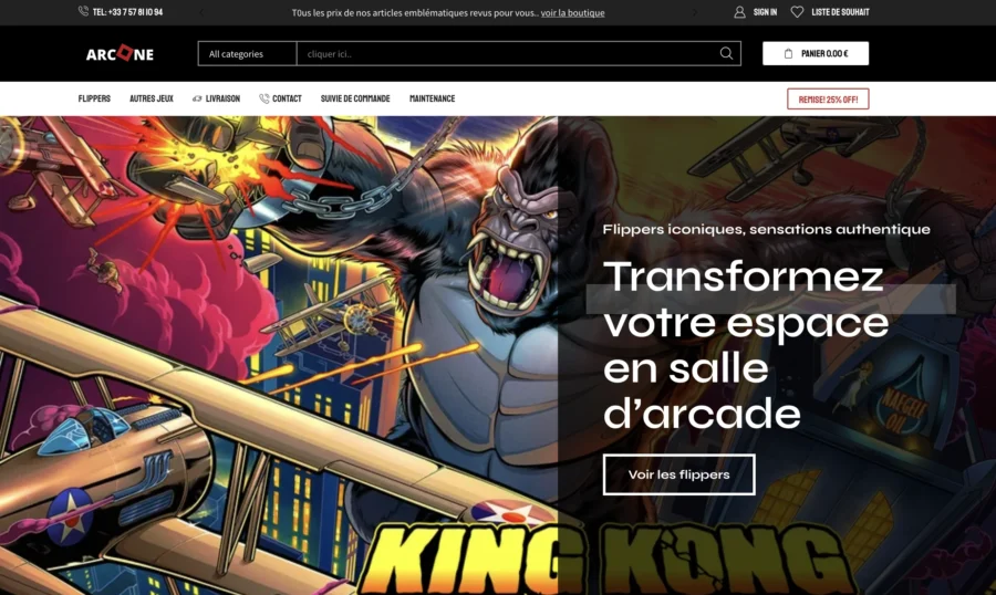 Capture d'écran du site ArcOne proposant une machine King Kong pour salle d'arcade.