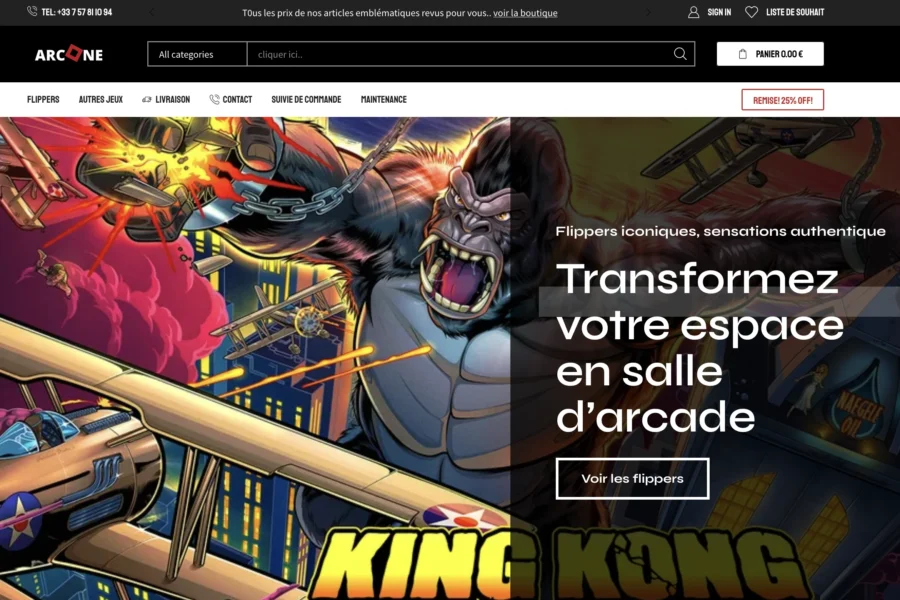 Capture d'écran du site ArcOne proposant une machine King Kong pour salle d'arcade.
