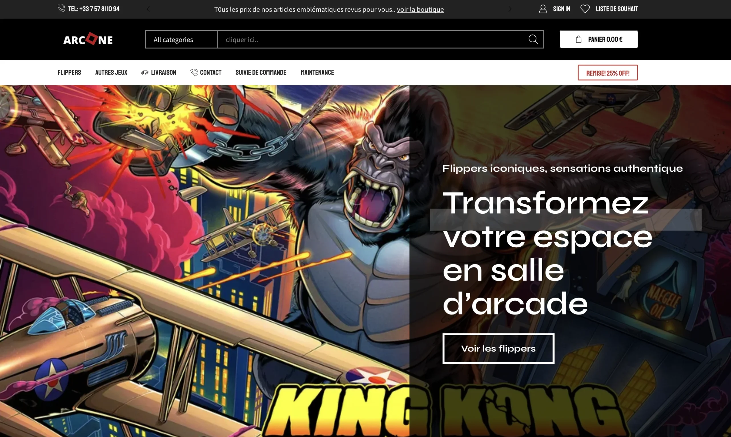 Capture d'écran du site ArcOne proposant une machine King Kong pour salle d'arcade.